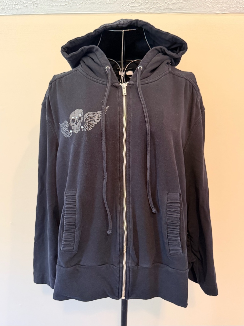 Allen B. by Allen Schwartz Woman's Black Full Zip Skull Angel Graphic Hoodie XL